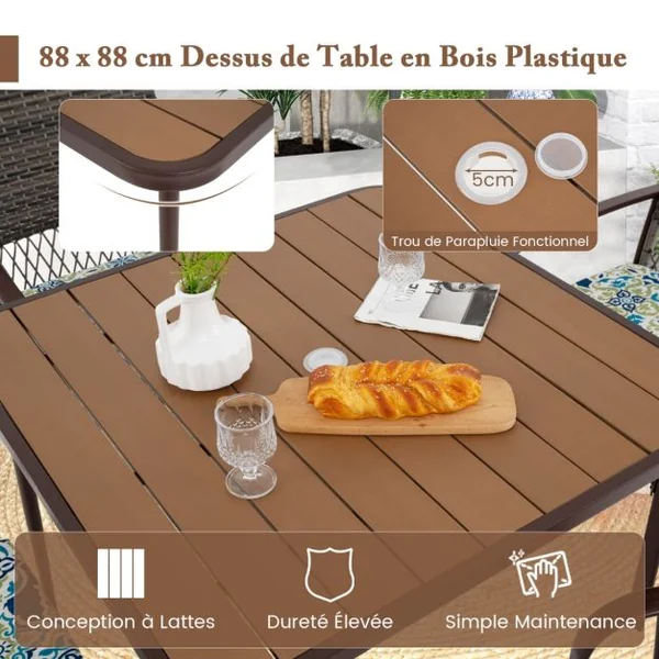 Ensemble de Meubles de Patio 5 Pièces Salon de Jardin 4 Fauteuils en Rotin avec Coussins et Table Carrée avec Trou pour Parasol