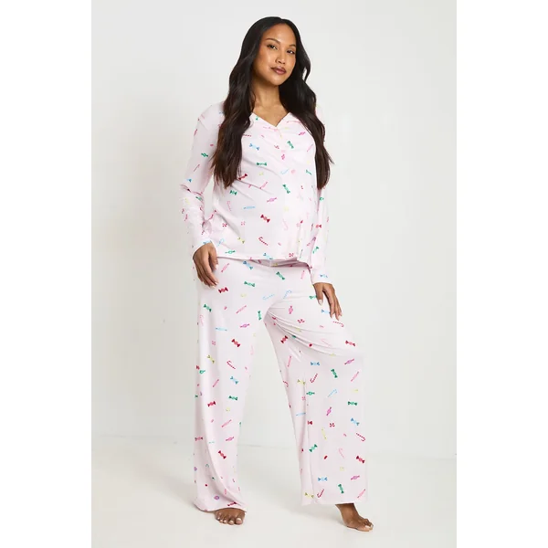 Ensemble De Pyjama De Maternité Chemise À Manches Longues Et Pantalon À Imprimé Doux