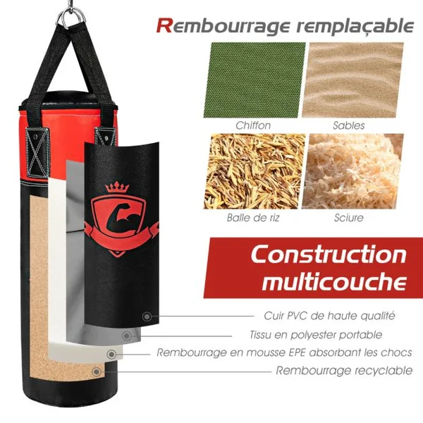 Ensemble de Sac de Frappe Enfants 60cm avec Gants de Boxe Bandages Sac de Rangement Entraînement au Karaté Taekwondo Noir