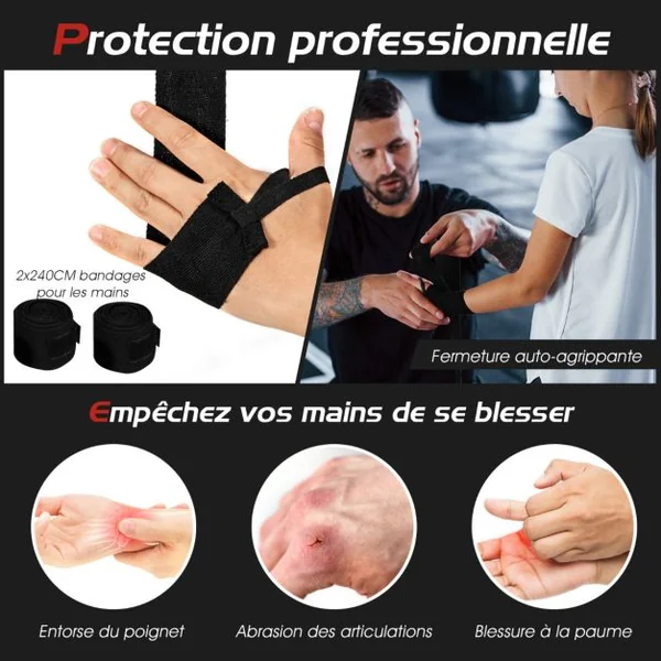 Ensemble de Sac de Frappe Enfants 60cm avec Gants de Boxe Bandages Sac de Rangement Entraînement au Karaté Taekwondo Noir