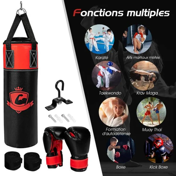 Ensemble de Sac de Frappe Enfants 60cm avec Gants de Boxe Bandages Sac de Rangement Entraînement au Karaté Taekwondo Noir