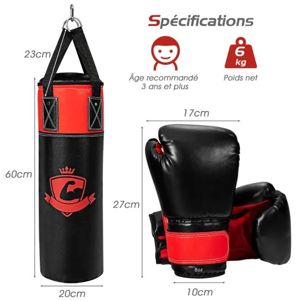 Ensemble de Sac de Frappe Enfants 60cm avec Gants de Boxe Bandages Sac de Rangement Entraînement au Karaté Taekwondo Noir