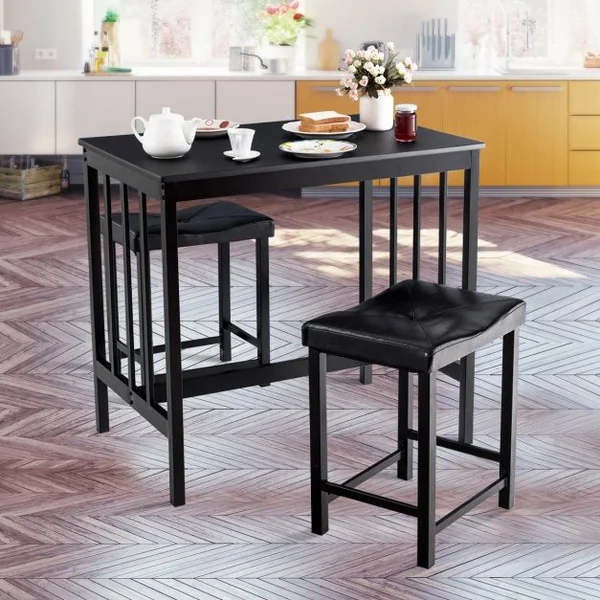 Ensemble de Salle à Manger 1 Table et 2 Tabourets en Mdf Fer Pvc Table 90x60x83cm Tabouret 44,5x34x52,5cm Noir