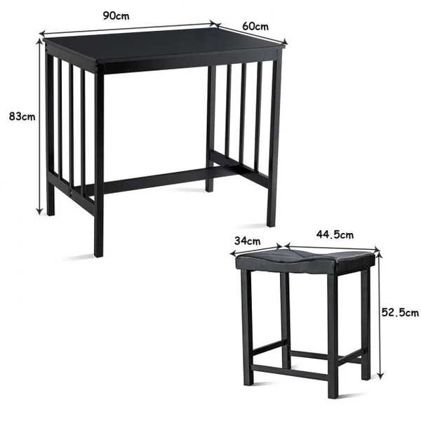 Ensemble de Salle à Manger 1 Table et 2 Tabourets en Mdf Fer Pvc Table 90x60x83cm Tabouret 44,5x34x52,5cm Noir
