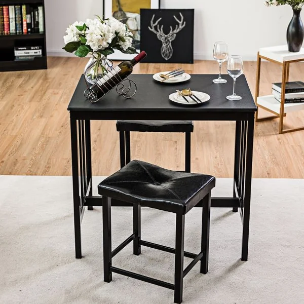 Ensemble de Salle à Manger 1 Table et 2 Tabourets en Mdf Fer Pvc Table 90x60x83cm Tabouret 44,5x34x52,5cm Noir