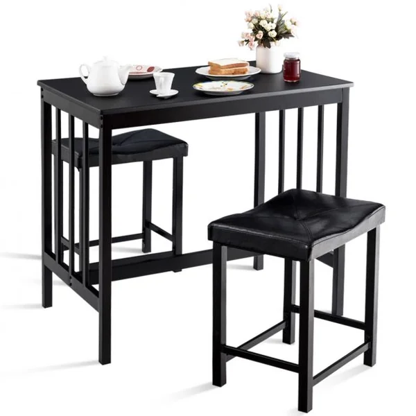 Ensemble de Salle à Manger 1 Table et 2 Tabourets en Mdf Fer Pvc Table 90x60x83cm Tabouret 44,5x34x52,5cm Noir