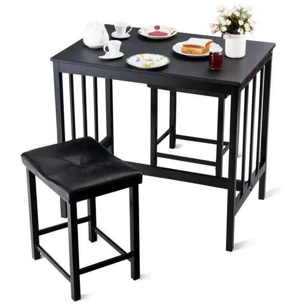 Ensemble de Salle à Manger 1 Table et 2 Tabourets en Mdf Fer Pvc Table 90x60x83cm Tabouret 44,5x34x52,5cm Noir