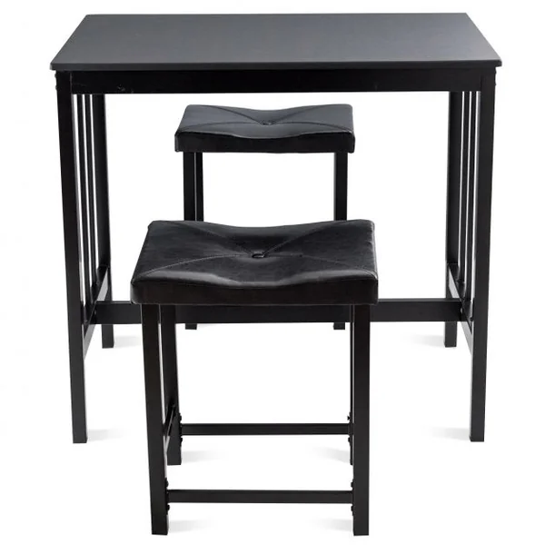 Ensemble de Salle à Manger 1 Table et 2 Tabourets en Mdf Fer Pvc Table 90x60x83cm Tabouret 44,5x34x52,5cm Noir