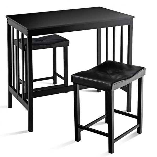 Ensemble de Salle à Manger 1 Table et 2 Tabourets en Mdf Fer Pvc Table 90x60x83cm Tabouret 44,5x34x52,5cm Noir