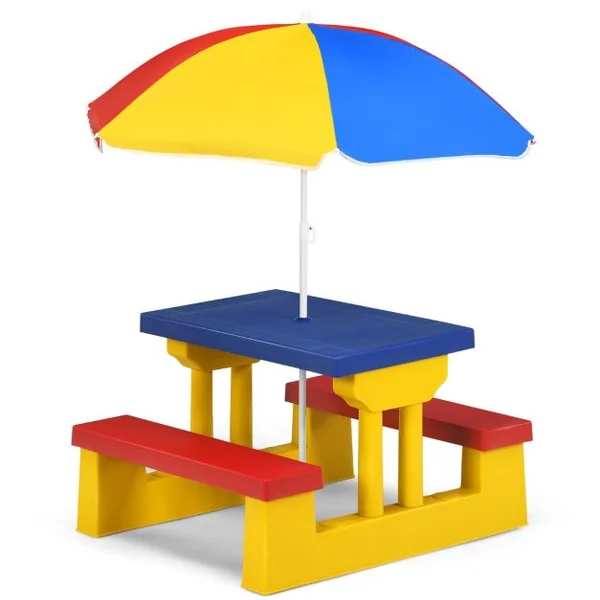 Ensemble de Salon de Jardin pour Enfant Ensemble Table et Banc pour Enfant avec Parasol en PP Multicolore/Rouge