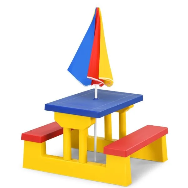 Ensemble de Salon de Jardin pour Enfant Ensemble Table et Banc pour Enfant avec Parasol en PP Multicolore/Rouge