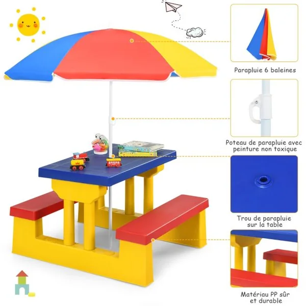 Ensemble de Salon de Jardin pour Enfant Ensemble Table et Banc pour Enfant avec Parasol en PP Multicolore/Rouge