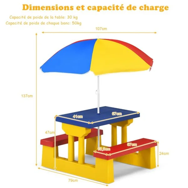 Ensemble de Salon de Jardin pour Enfant Ensemble Table et Banc pour Enfant avec Parasol en PP Multicolore/Rouge