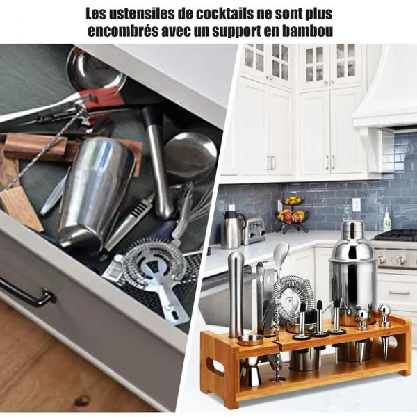 Ensemble de Shaker à Cocktail de 23 Pièces en Acier Inoxydable Support en Bambou et Sac de Transport en Velours