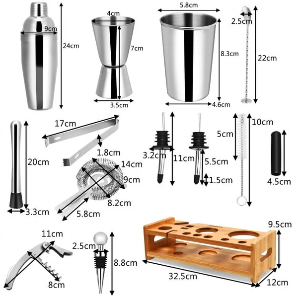 Ensemble de Shaker à Cocktail de 23 Pièces en Acier Inoxydable Support en Bambou et Sac de Transport en Velours