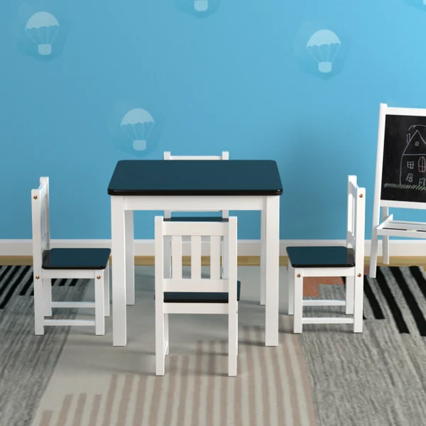 Ensemble de Table Carrée et 4 Chaises pour Enfants en Bois de Pin Capacité 100 kg, 63 x 63 x 56cm, Blanc et Noir