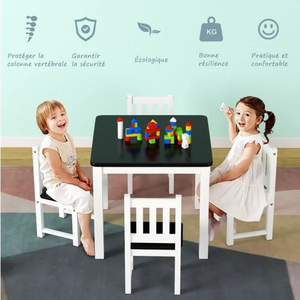 Ensemble de Table Carrée et 4 Chaises pour Enfants en Bois de Pin Capacité 100 kg, 63 x 63 x 56cm, Blanc et Noir