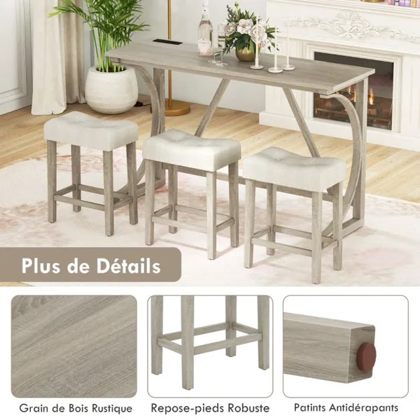 Ensemble de Table de Bar 4 Pièces en Bois d'Hévéa avec Prise de Courant à Hauteur de Comptoir Tabourets Rembourrés 150*48*92cm Gris