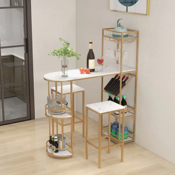 Ensemble de Table de Bar et Tabourets 3 PCS pour 2 Personnes avec Étagères de Rangement Porte-Verres et Porte-Bouteilles de Vin Cadre en Métal en MDF Blanc