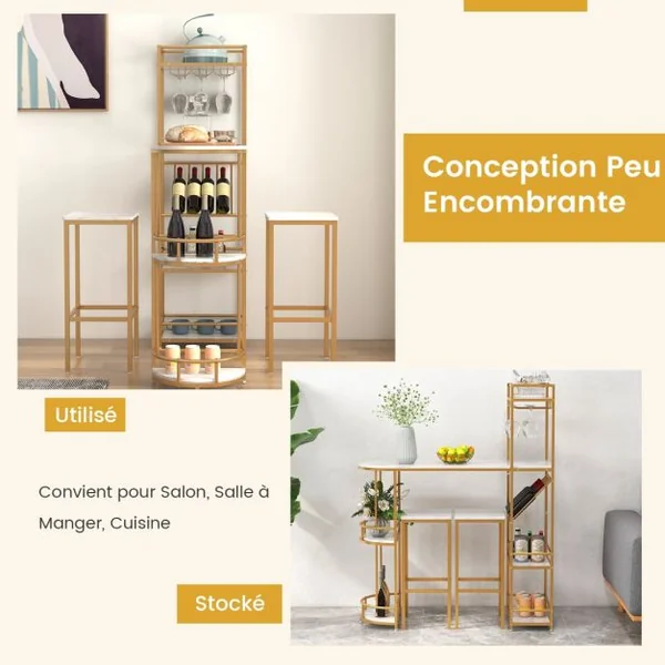 Ensemble de Table de Bar et Tabourets 3 PCS pour 2 Personnes avec Étagères de Rangement Porte-Verres et Porte-Bouteilles de Vin Cadre en Métal en MDF Blanc