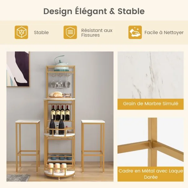 Ensemble de Table de Bar et Tabourets 3 PCS pour 2 Personnes avec Étagères de Rangement Porte-Verres et Porte-Bouteilles de Vin Cadre en Métal en MDF Blanc