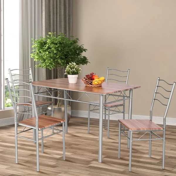 Ensemble de Table de Salle à Manger 4 Chaises Châssis Métal Contemporain pour Cuisine Salon Montage Facile Noyer