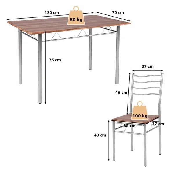 Ensemble de Table de Salle à Manger 4 Chaises Châssis Métal Contemporain pour Cuisine Salon Montage Facile Noyer