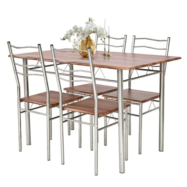 Ensemble de Table de Salle à Manger 4 Chaises Châssis Métal Contemporain pour Cuisine Salon Montage Facile Noyer