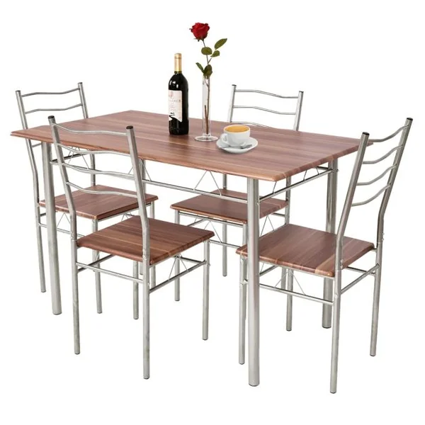 Ensemble de Table de Salle à Manger 4 Chaises Châssis Métal Contemporain pour Cuisine Salon Montage Facile Noyer