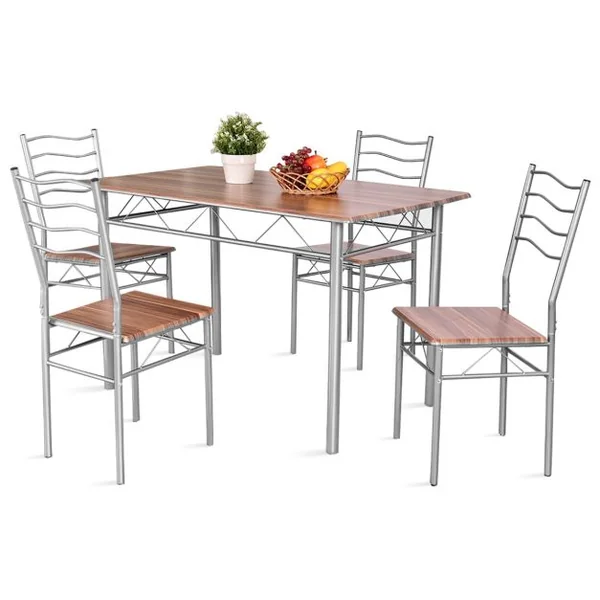 Ensemble de Table de Salle à Manger 4 Chaises Châssis Métal Contemporain pour Cuisine Salon Montage Facile Noyer