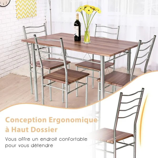 Ensemble de Table de Salle à Manger 4 Chaises Châssis Métal Contemporain pour Cuisine Salon Montage Facile Noyer