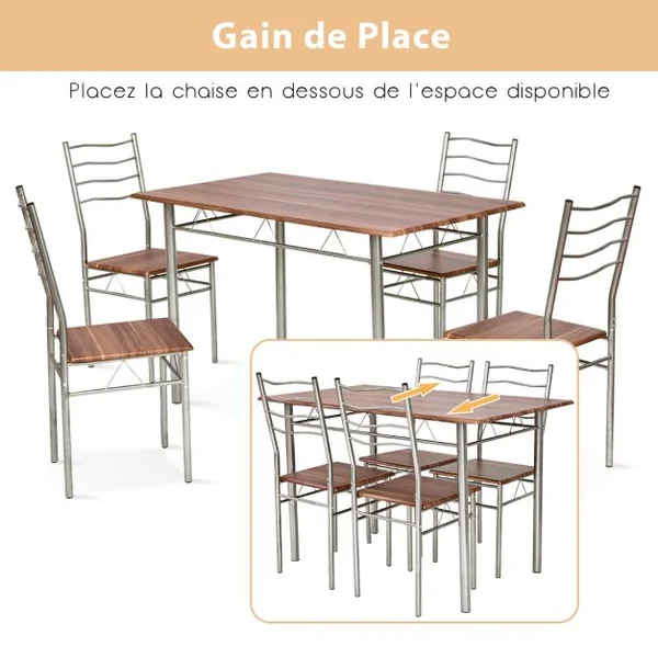 Ensemble de Table de Salle à Manger 4 Chaises Châssis Métal Contemporain pour Cuisine Salon Montage Facile Noyer