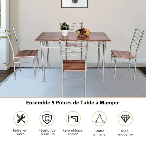 Ensemble de Table de Salle à Manger 4 Chaises Châssis Métal Contemporain pour Cuisine Salon Montage Facile Noyer