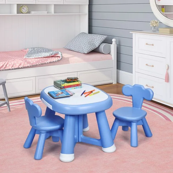 Ensemble de Table et 2 Chaises pour Enfant Capacité 50 Kg en Plastique Table 62x52x46cm Chaise 32,5x30x46cm Bleu