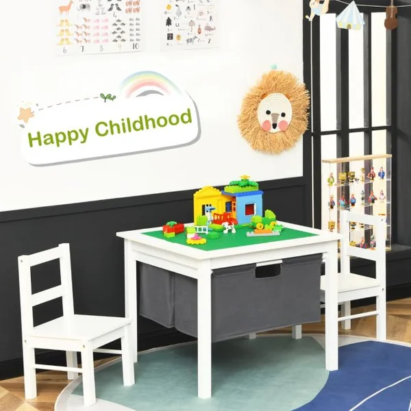 Ensemble de Table et 2 Chaises pour Enfants Table Multi-Activités 2 en 1 avec 2 Tiroirs de Rangement Blanc