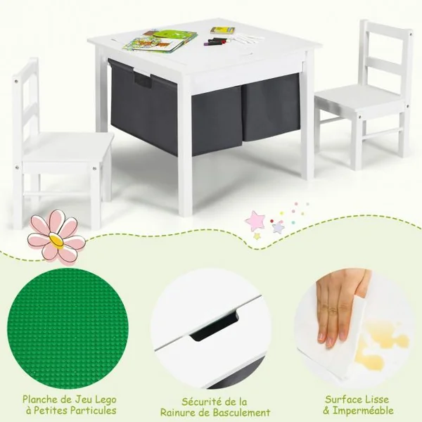 Ensemble de Table et 2 Chaises pour Enfants Table Multi-Activités 2 en 1 avec 2 Tiroirs de Rangement Blanc