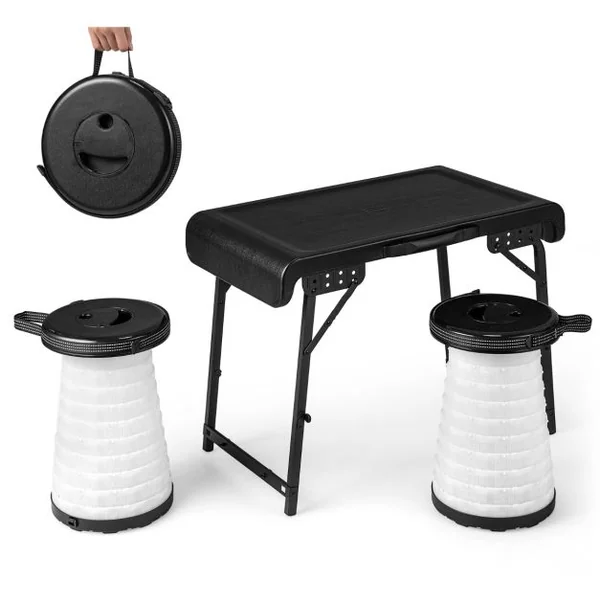 Ensemble de Table et 2 Tabourets Pliants Extérieur Tabouret LED Rétractables avec 3 Effets de Lumière pour Camping Pêche Noir