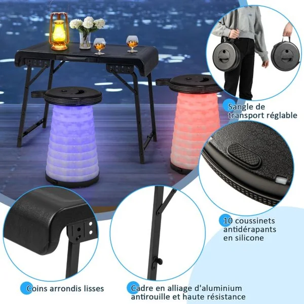 Ensemble de Table et 2 Tabourets Pliants Extérieur Tabouret LED Rétractables avec 3 Effets de Lumière pour Camping Pêche Noir