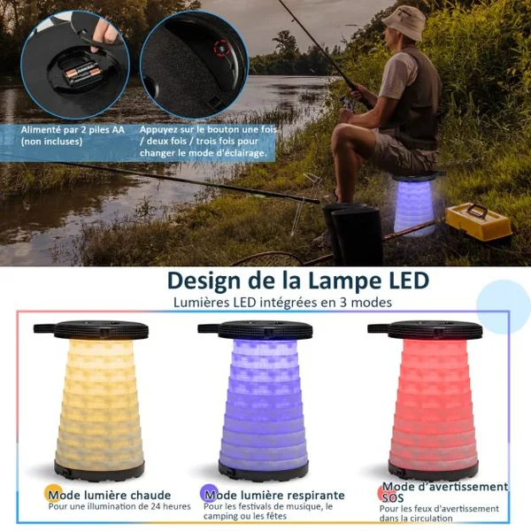 Ensemble de Table et 2 Tabourets Pliants Extérieur Tabouret LED Rétractables avec 3 Effets de Lumière pour Camping Pêche Noir