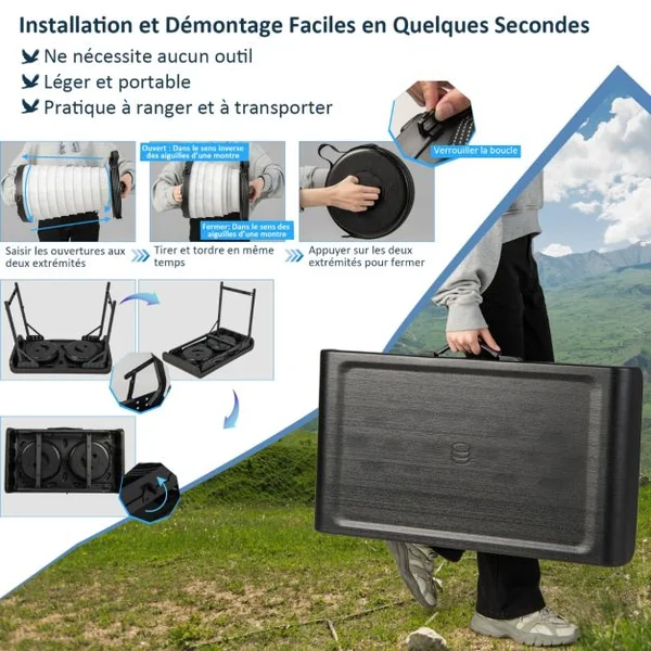 Ensemble de Table et 2 Tabourets Pliants Extérieur Tabouret LED Rétractables avec 3 Effets de Lumière pour Camping Pêche Noir