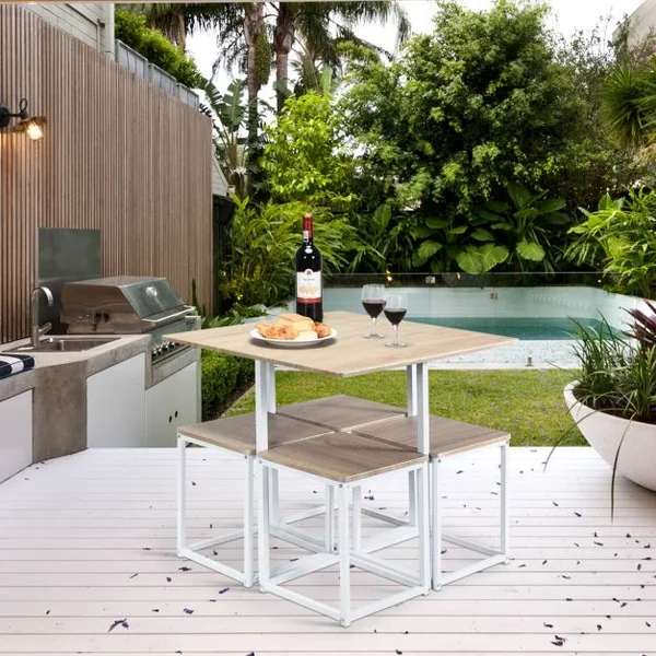 Ensemble de Table et 4 Tabourets de Cuisine ou Bar de Style Contemporain et Industriel en MDF et Fer Beige + Blanc
