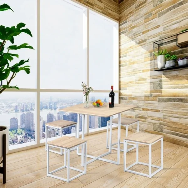 Ensemble de Table et 4 Tabourets de Cuisine ou Bar de Style Contemporain et Industriel en MDF et Fer Beige + Blanc