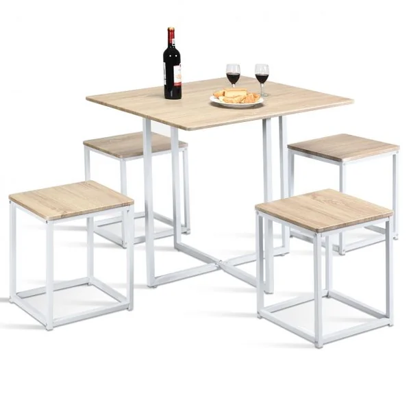 Ensemble de Table et 4 Tabourets de Cuisine ou Bar de Style Contemporain et Industriel en MDF et Fer Beige + Blanc