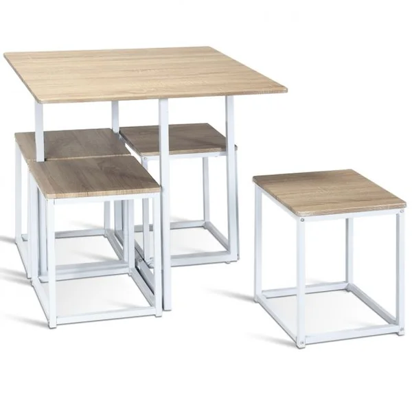 Ensemble de Table et 4 Tabourets de Cuisine ou Bar de Style Contemporain et Industriel en MDF et Fer Beige + Blanc