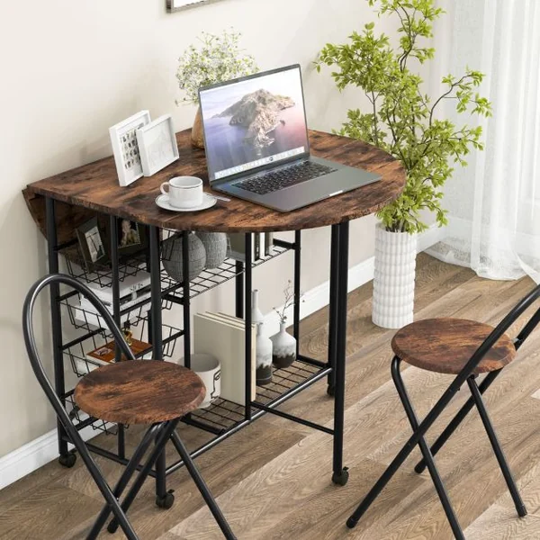 Ensemble de Table et de Chaises Pliantes 3 Pièces Table Polyvalente avec 2 Étagères de Rangement et 4 Paniers Coulissants Marron
