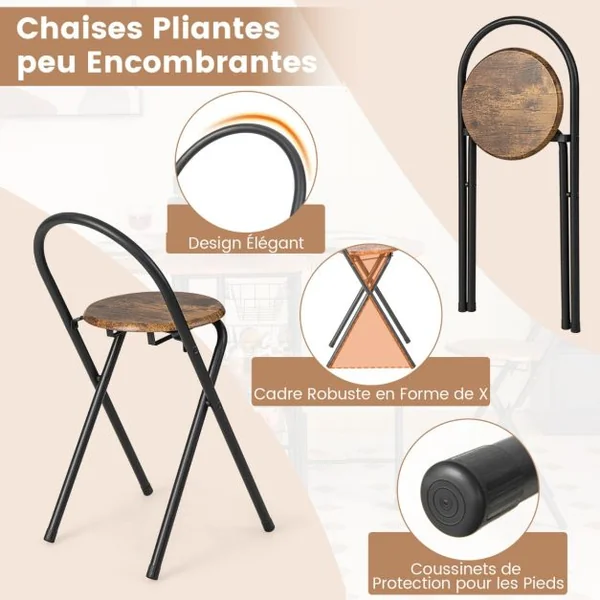 Ensemble de Table et de Chaises Pliantes 3 Pièces Table Polyvalente avec 2 Étagères de Rangement et 4 Paniers Coulissants Marron