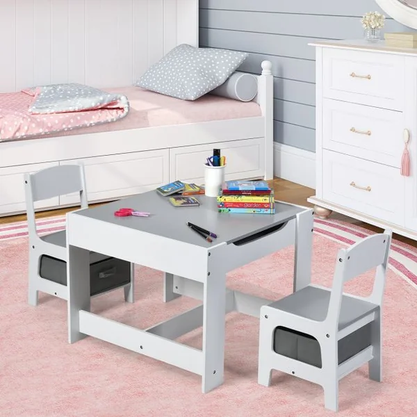 Ensemble de Table Transformable en Tableau et 2 Chaises en Bois pour Enfants de 3 à 7 Ans en Plastique et MDF Gris
