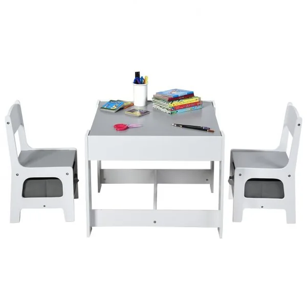 Ensemble de Table Transformable en Tableau et 2 Chaises en Bois pour Enfants de 3 à 7 Ans en Plastique et MDF Gris