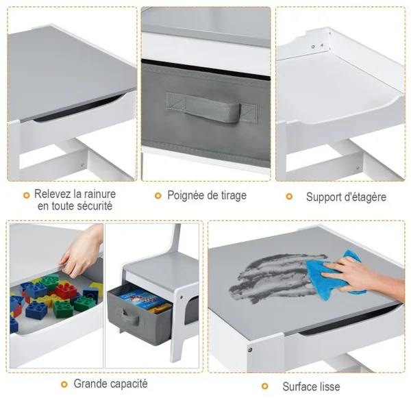 Ensemble de Table Transformable en Tableau et 2 Chaises en Bois pour Enfants de 3 à 7 Ans en Plastique et MDF Gris