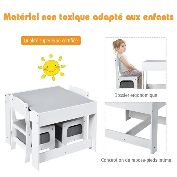 Ensemble de Table Transformable en Tableau et 2 Chaises en Bois pour Enfants de 3 à 7 Ans en Plastique et MDF Gris